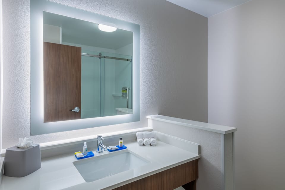 Shower, hair dryer, soap, shampoo