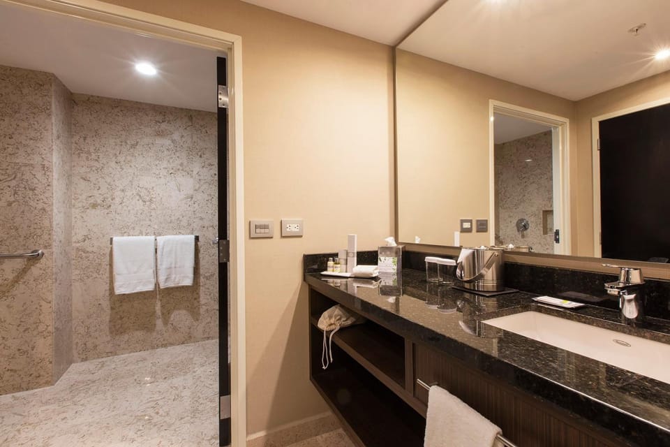 Shower, free toiletries, hair dryer, towels