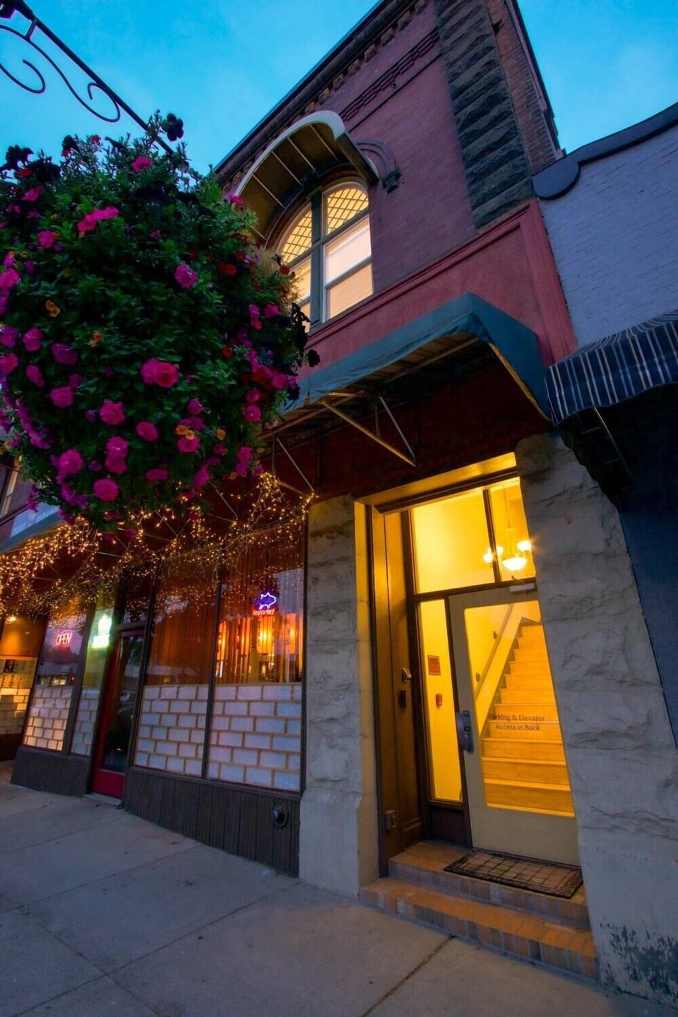 Main Street entrance. The private elevator and parking area are at the rear.