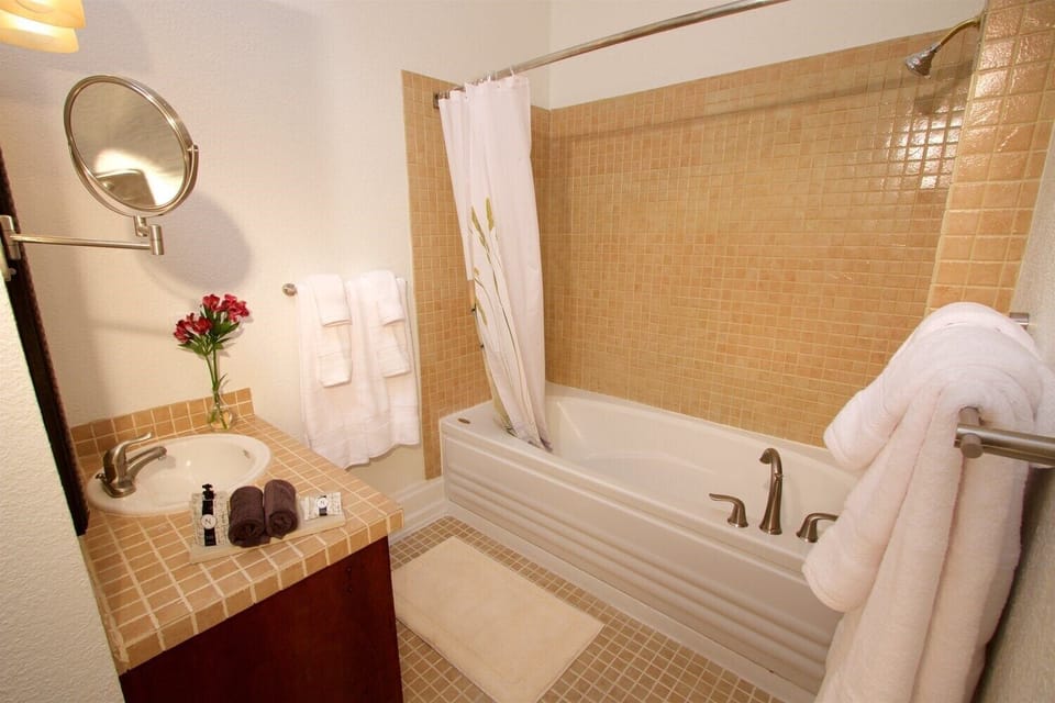 Spa bathroom with Jacuzzi tub with shower