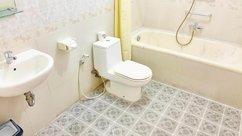 Combined shower/tub, towels, soap, shampoo