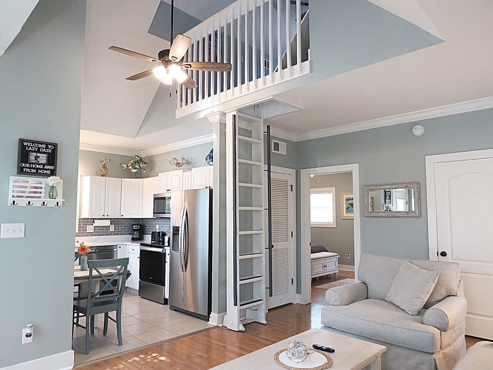 Ladder for loft swings out for easy climbing 