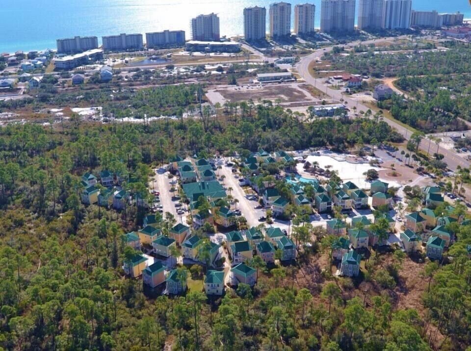 Overhead view of the Purple Parrot Resort 