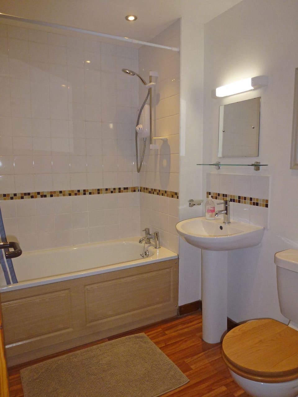 Bathroom with power shower over bath.