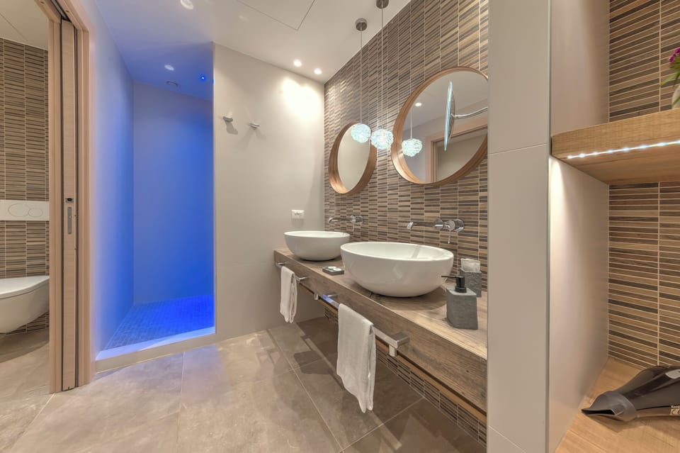Rainfall showerhead, hair dryer, bidet, towels