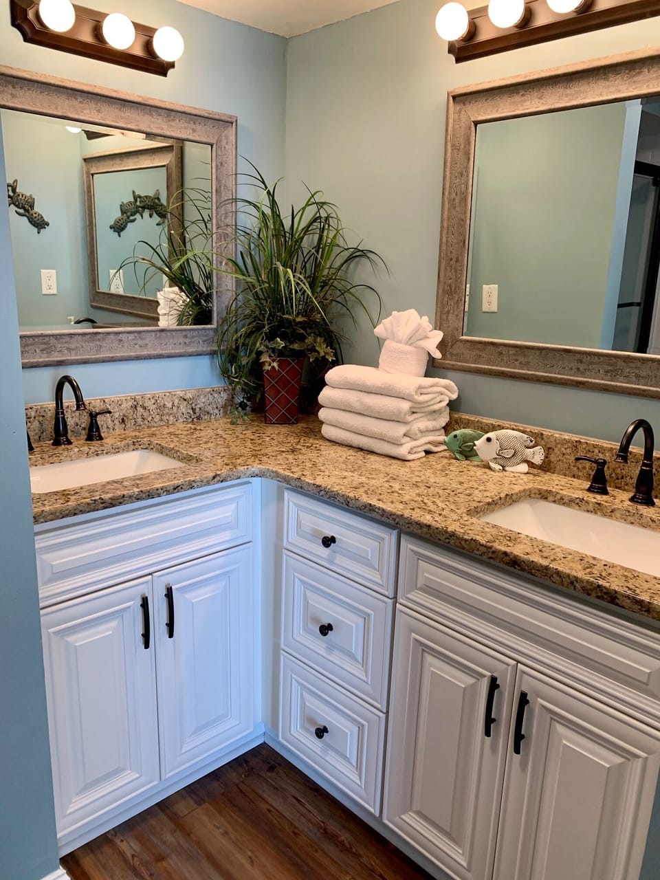 Updated Double sinks with new cabinets, & plenty of storage in Primary Bath!