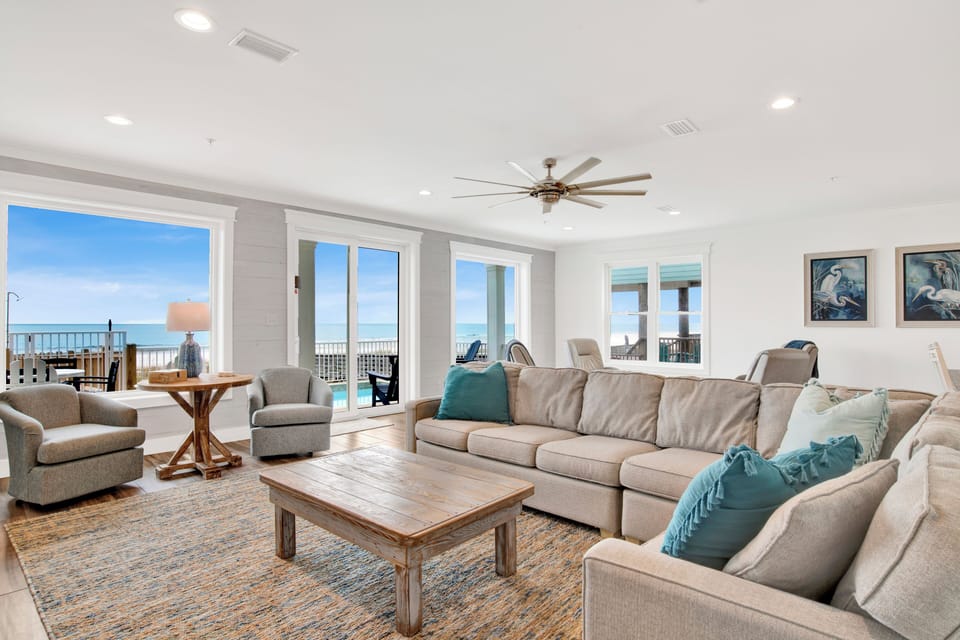 Out of the Blue is an 8 bedroom, 8.5 bath home accommodating up to 22 guests