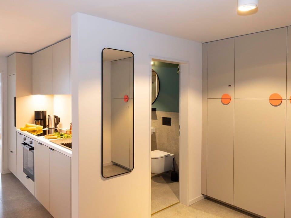 Interior Design, Flooring, Floor, Ceiling, Countertop, Kitchen, Lighting, Furniture, Cabinetry, Room