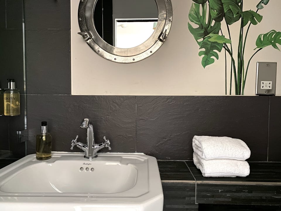 Hair dryer, towels, soap, shampoo