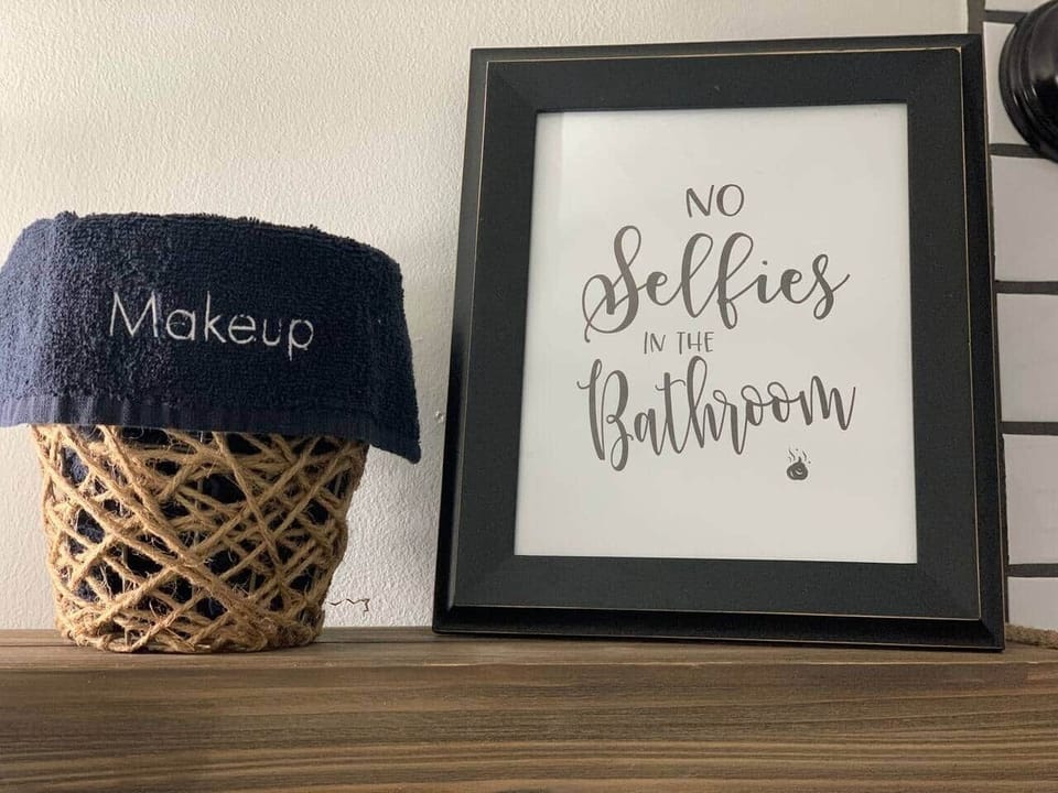 Makeup washcloths provided and a little bathroom humor 