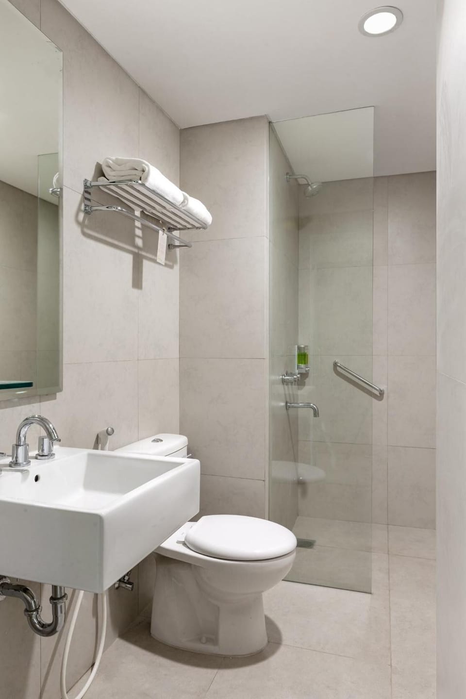 Shower, slippers, towels, soap