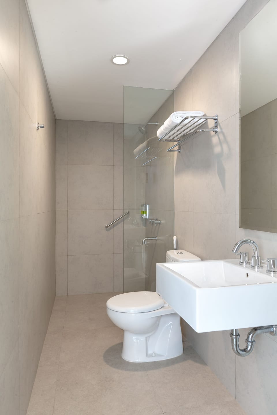 Shower, slippers, towels, soap
