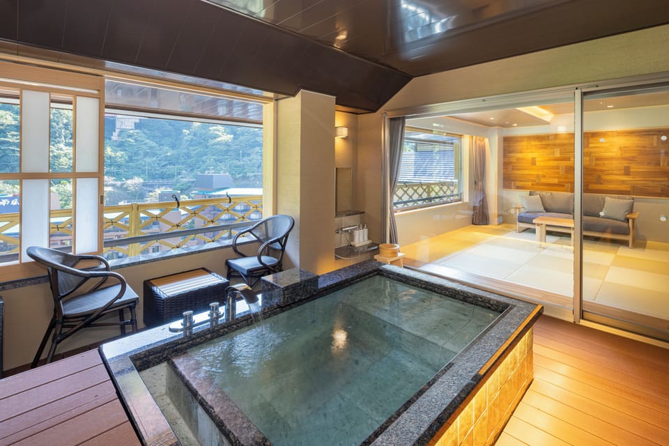 TOP Floor Japanese Western Style Room with Open Air Bath -MIYABI-, Non-Smoking, 64sqm | Bathroom | Combined shower/tub, free toiletries, hair dryer, slippers