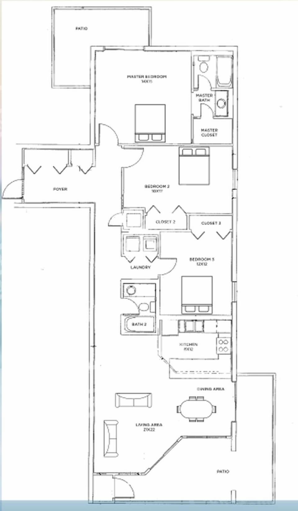 Three-bedroom layout with spacious living area, beach balcony from the living space, and north balcony from the master suite
