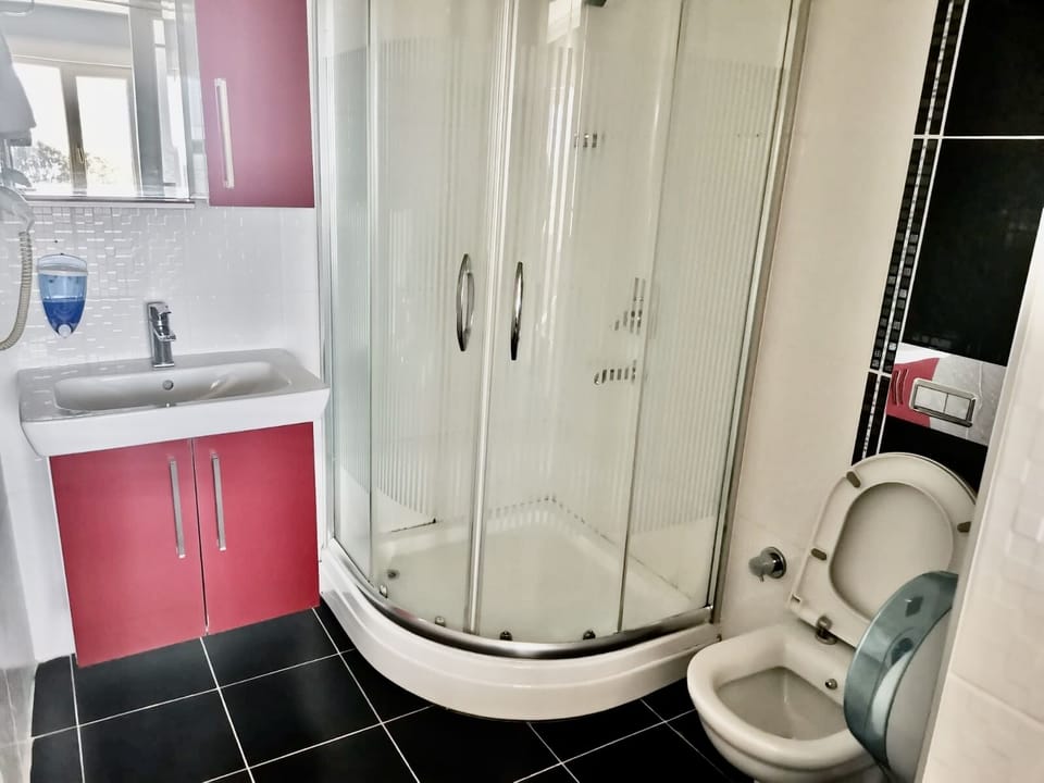 Shower, hair dryer, slippers