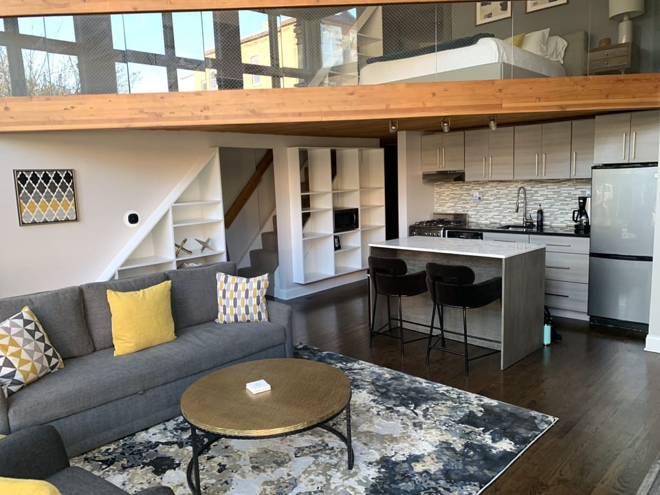 Best inclusive view of the space, both main and loft level