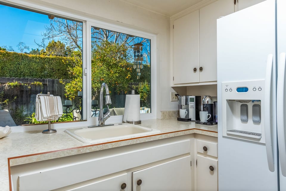 kitchen coffee bar and sink area with large window, view w/ birds & fruit trees