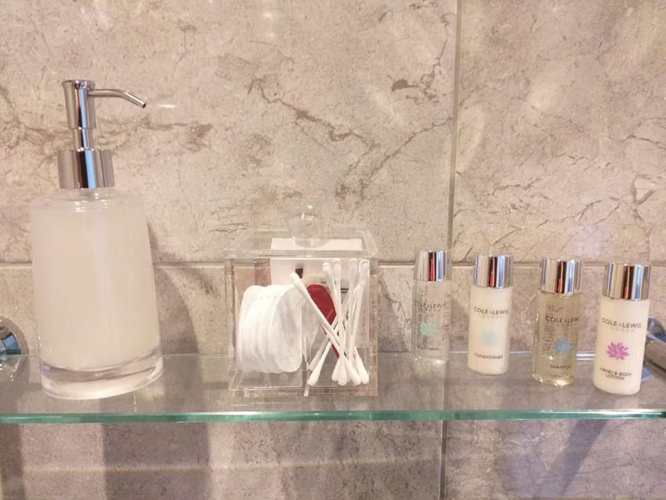 Shower, designer toiletries, hair dryer, bathrobes