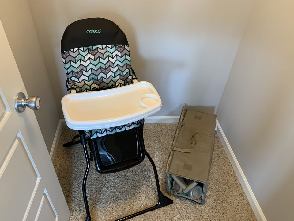 Baby gear on hand (stored in the bedroom closet)