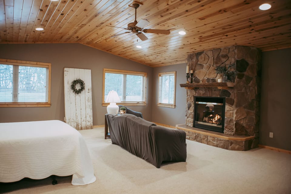 Master sitting area and fireplace