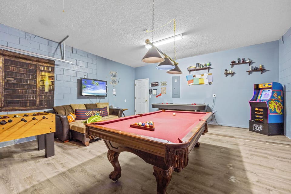 Slate pool, foosball, air hockey Wii MsPacMan couch, table & Harry Potter props