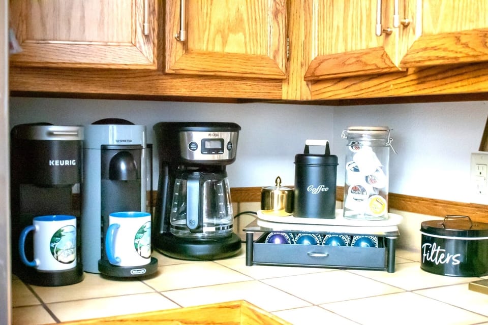 Kitchen with a Keurig, Nespresso and drip coffee