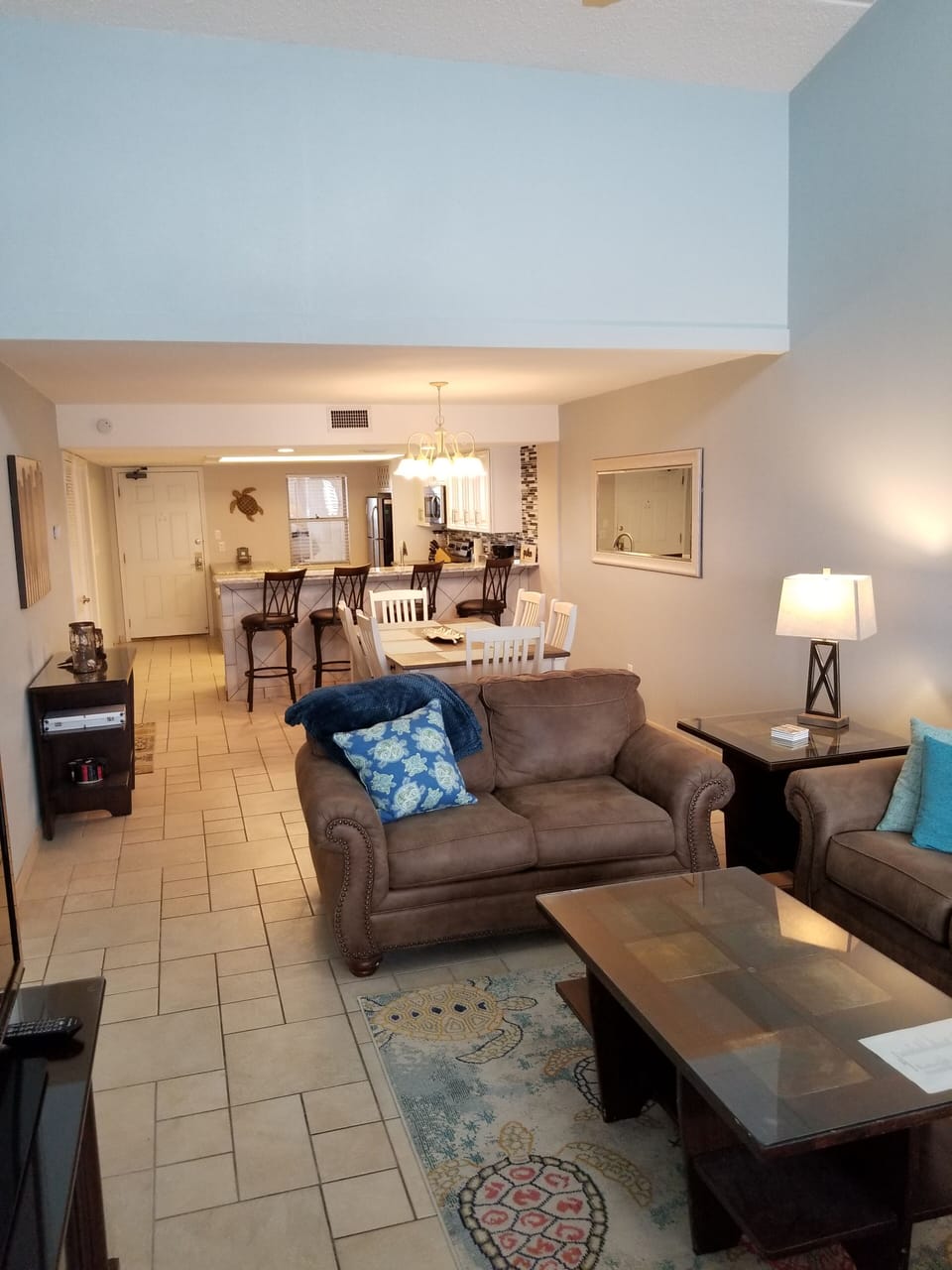 Living room, dining area and kitchen view