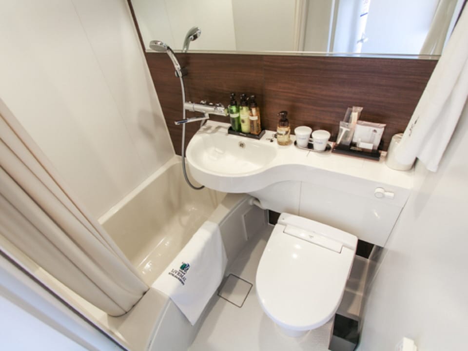 Combined shower/tub, hair dryer, slippers, towels