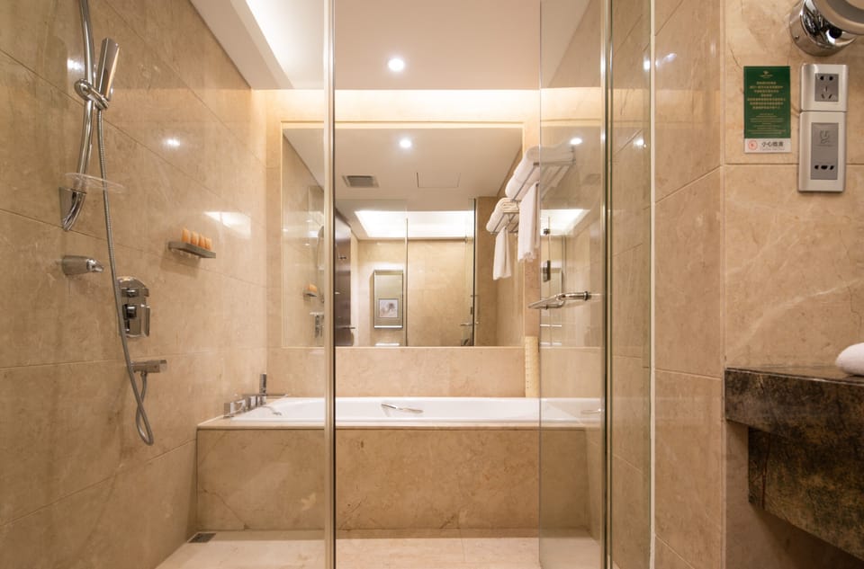 Shower, free toiletries, hair dryer, slippers