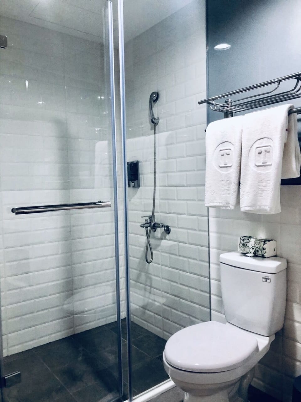 Shower, free toiletries, hair dryer, towels