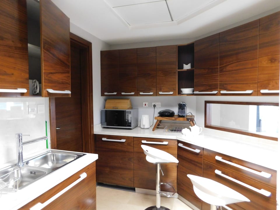 Deluxe Apartment | Private kitchen | Fridge, microwave, oven, stovetop
