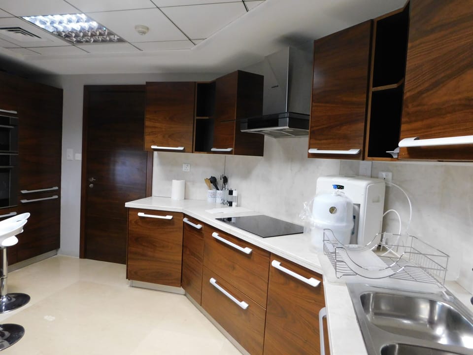 Deluxe Apartment | Private kitchen | Fridge, microwave, oven, stovetop