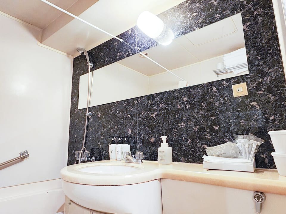Combined shower/tub, free toiletries, hair dryer, slippers