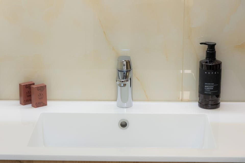 Separate tub and shower, rainfall showerhead, hair dryer, bathrobes