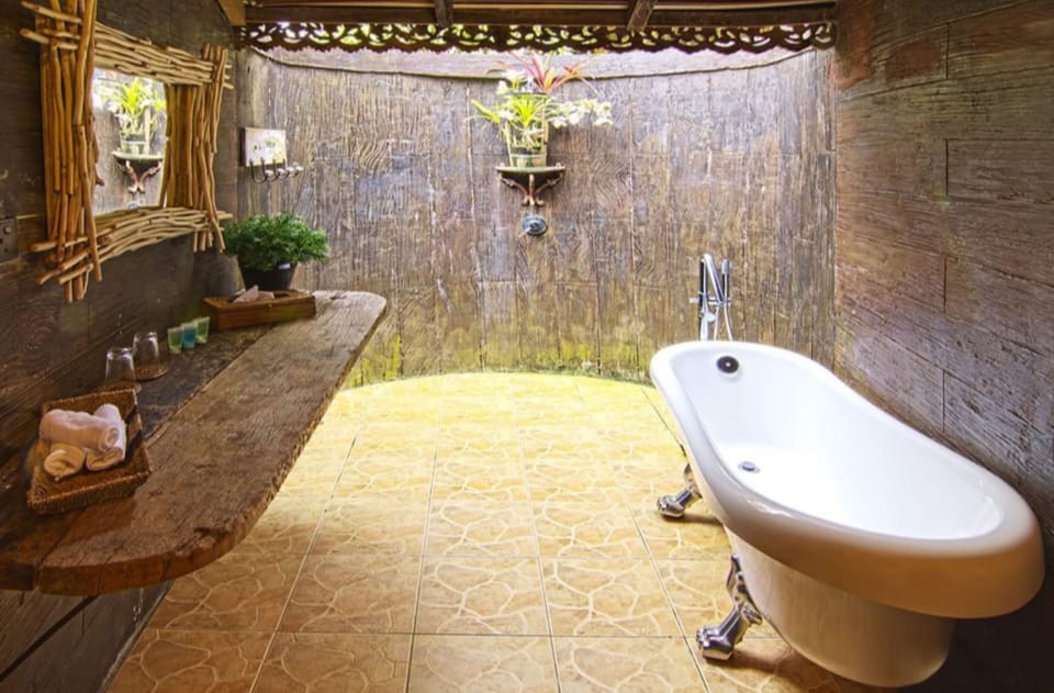 Shower, rainfall showerhead, free toiletries, hair dryer