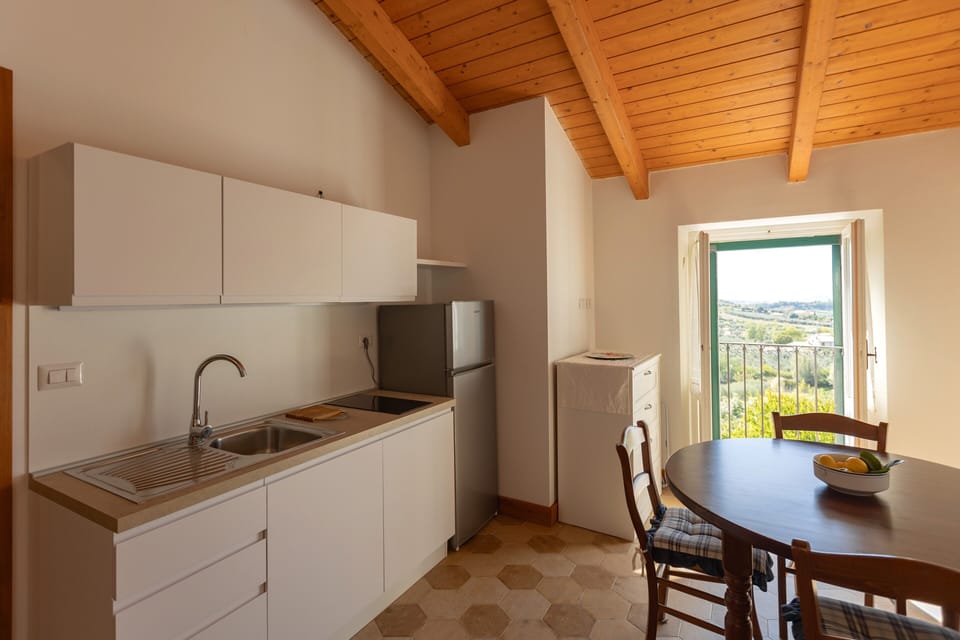 Gelsomino Apartment, mountain view | Private kitchen | Microwave, electric kettle, highchair, cleaning supplies