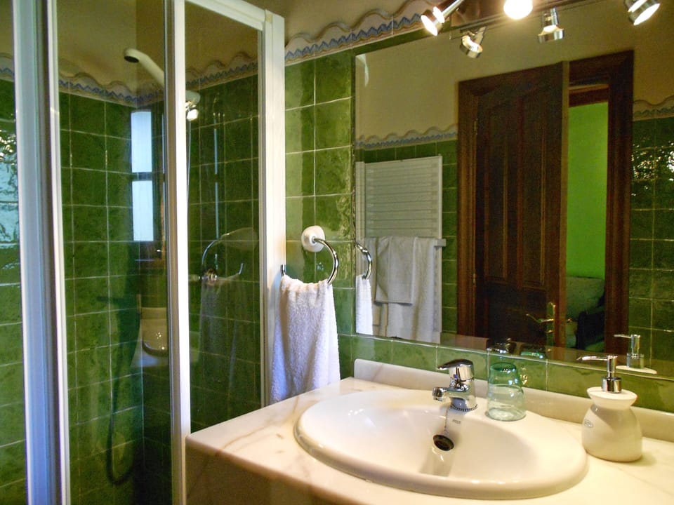 Shower, rainfall showerhead, hair dryer, towels