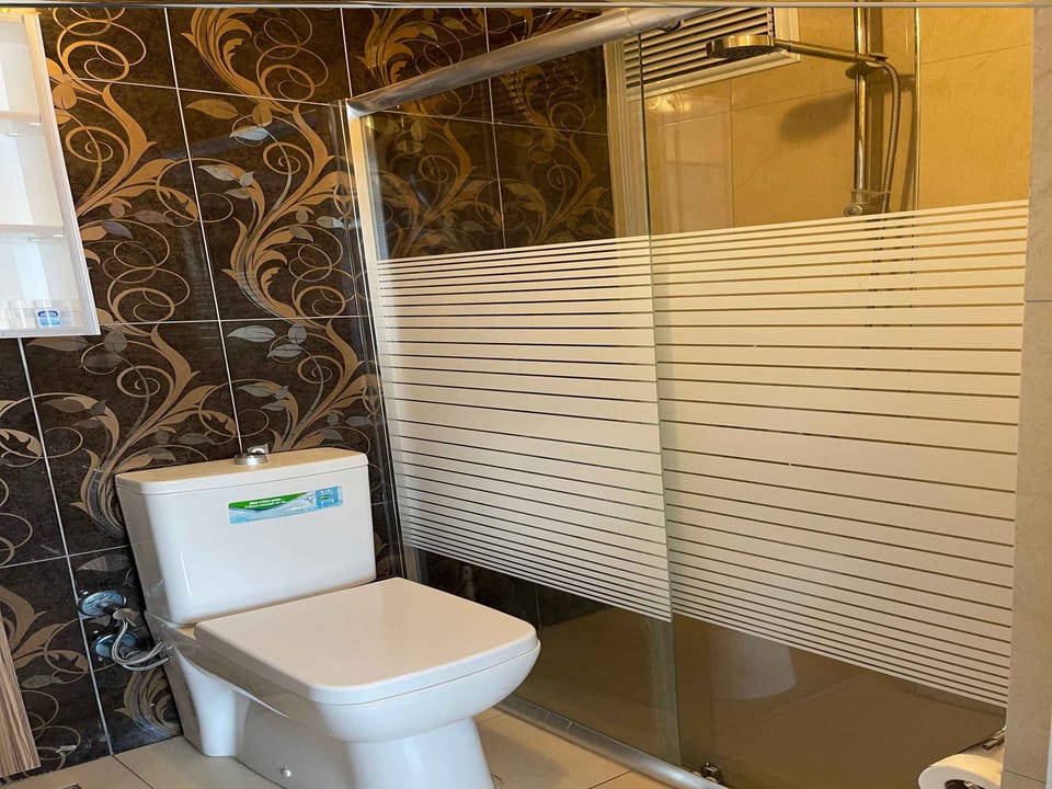 Shower, hair dryer, slippers, towels