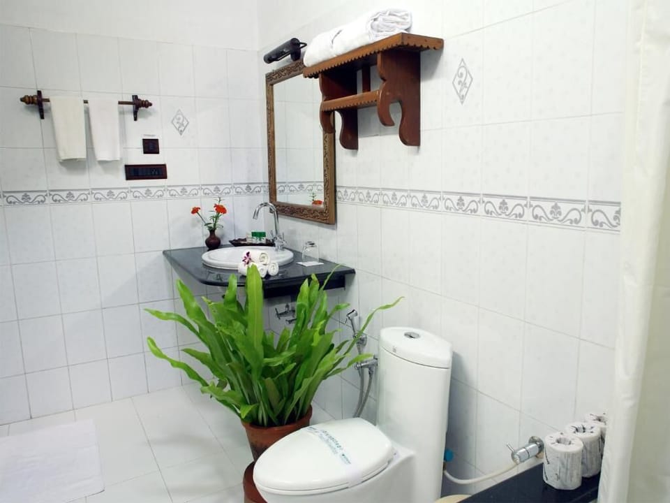 Rainfall showerhead, free toiletries, hair dryer, towels