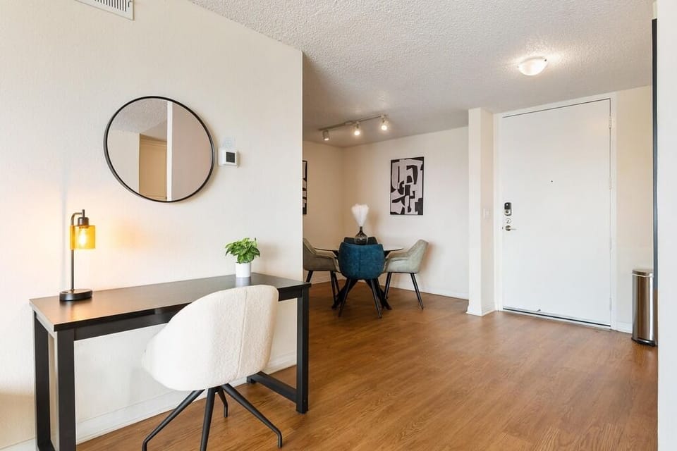 Dedicated desk and comfortable chair for catching up on emails and calls.