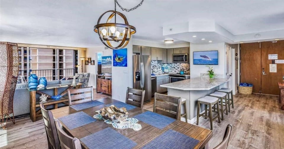 Living, dining and kitchen.