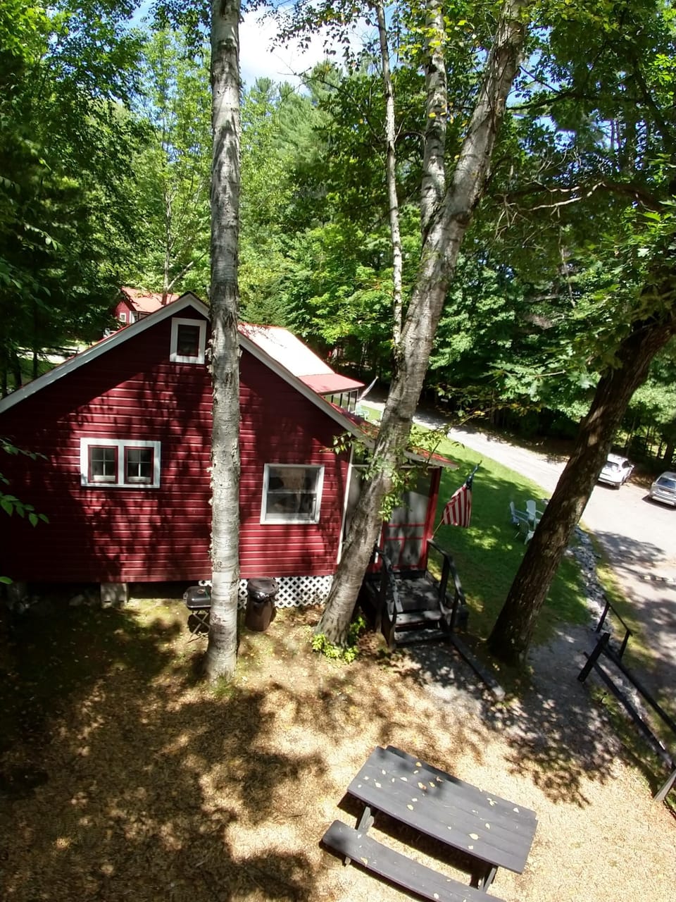 Cottage #4 picnic and grilling space. View from top of Cottage #5