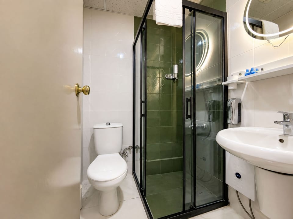 Shower, free toiletries, hair dryer, towels