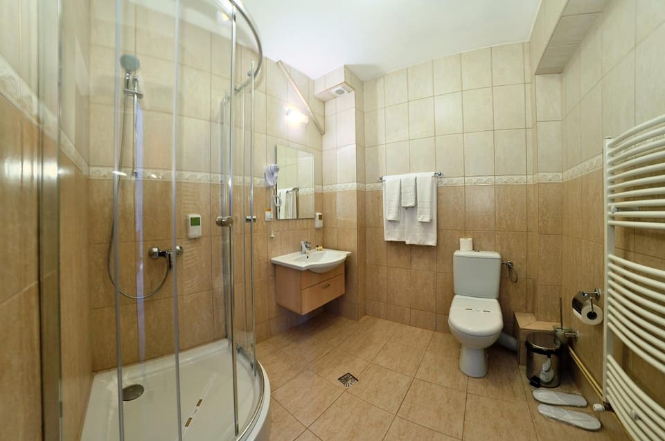 Shower, free toiletries, hair dryer, bathrobes