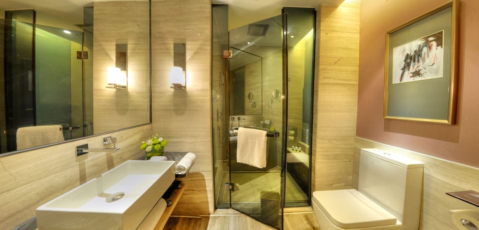 Rainfall showerhead, eco-friendly toiletries, hair dryer, bathrobes