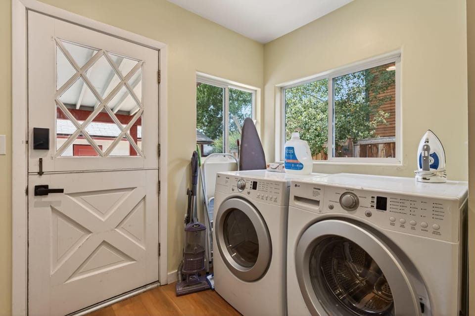 Front-load washer and dryer in the home with laundry soap too.