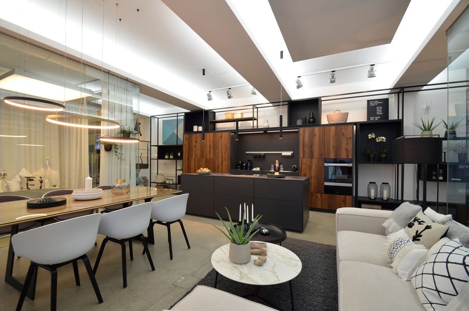 living area, kitchen and dining