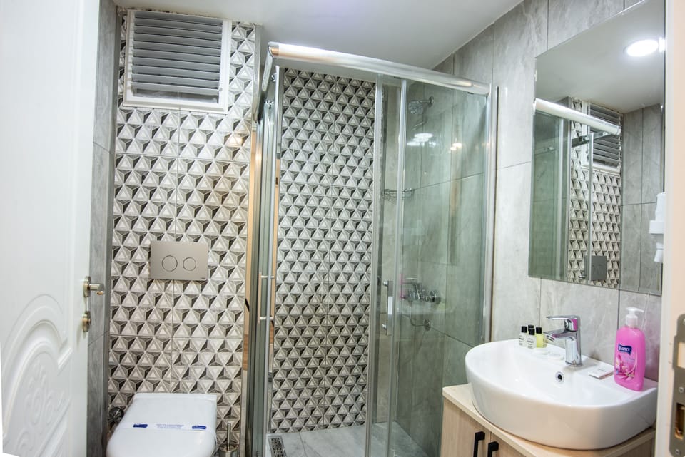 Shower, free toiletries, hair dryer, slippers