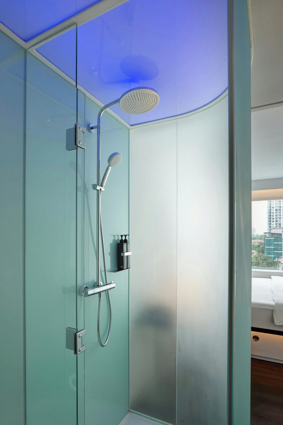 Shower, hydromassage showerhead, eco-friendly toiletries, hair dryer