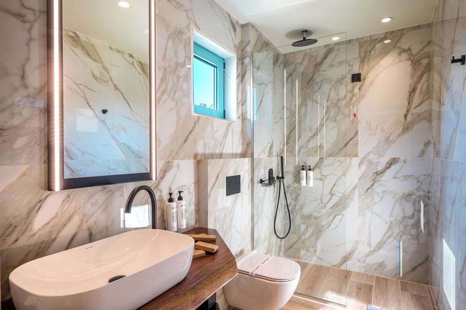 Lux Suite with Outdoor Jacuzzi | Bathroom | Shower, rainfall showerhead, free toiletries, hair dryer